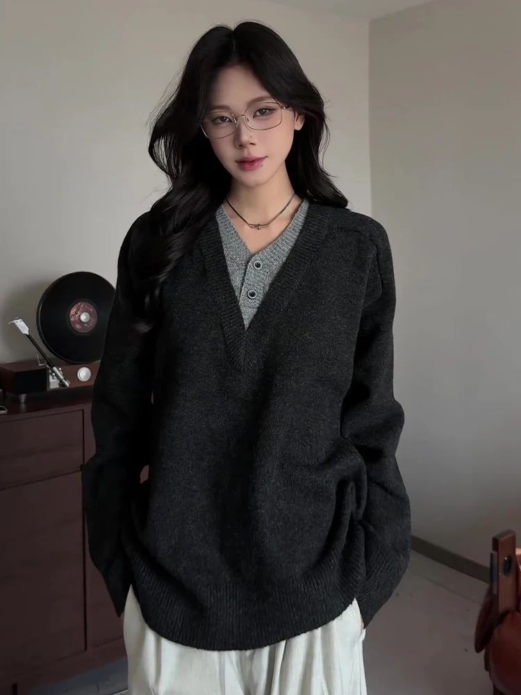 

Американский ретро-свитер Deep ey с V-образным вырезом для мужчин и женщин, осенний, вязаный, свободного кроя, имитация двухслойности, с длинными рукавами