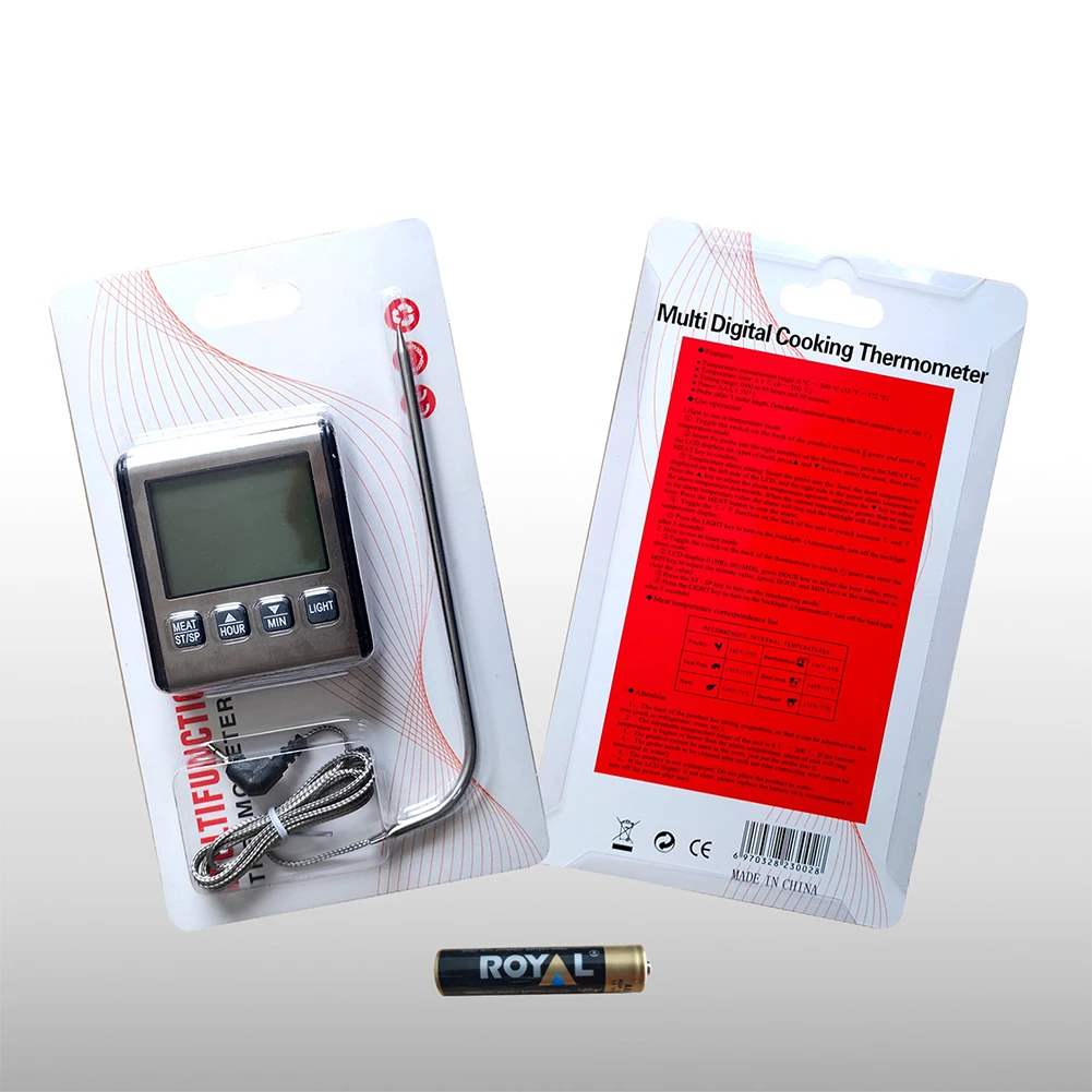 Digital LCD Backlit Display Stainless Steel Probe Food Cooking Meat with Timer Alarm Thermometer