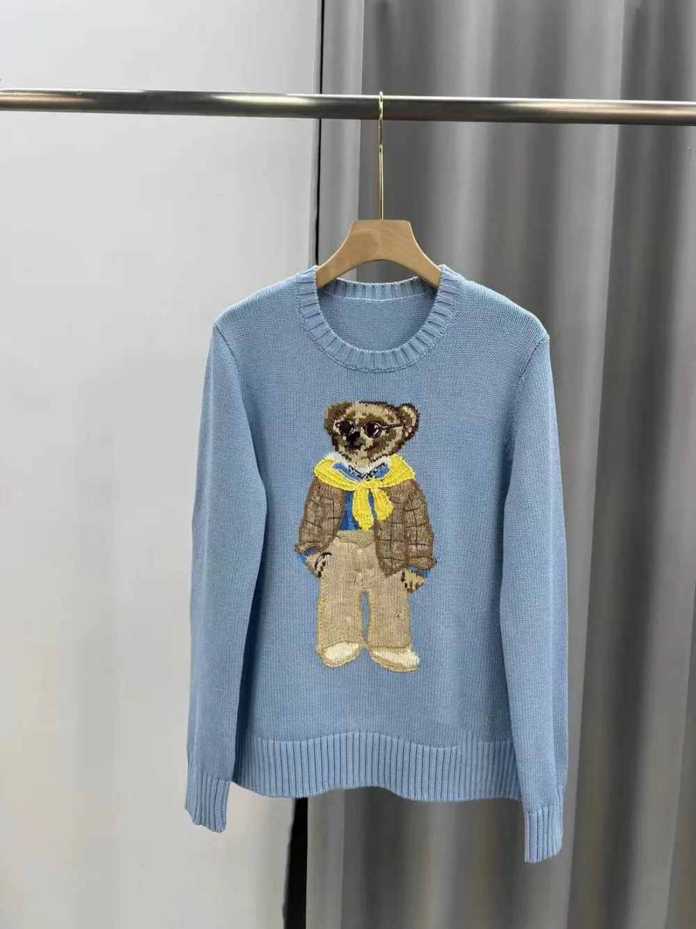 2025 Autumn Winter New Heavy Embroidered Cotton Sweater | Cute Cartoon Bear Round Neck Preppy Style Knitwear for Women