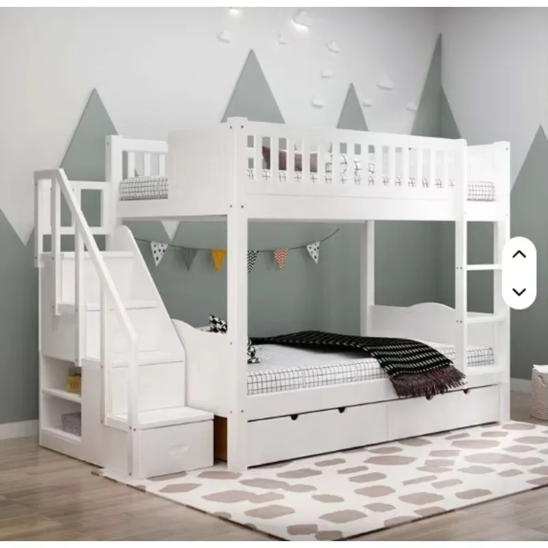 

Hot Sell Furniture Double Bed Kids Bunk Bed Solid Pine Wood Twin Kids Bunk Bed with Slide and Stairs