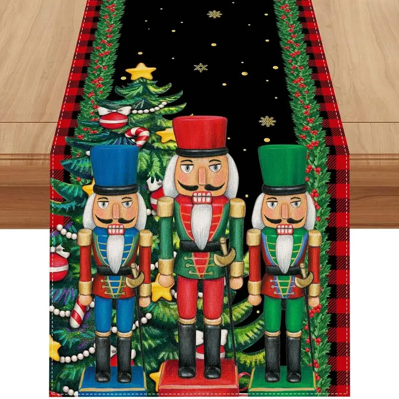 VIKAMA Christmas Nutcracker Table Runner Xmas Tree Buffalo Plaid Tablecloth for Dining Table Holiday Home Party Decor
