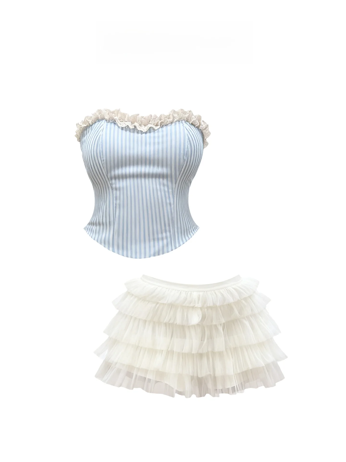 

HEZA plus Size Korean Sle Ruffle Striped Tube Top And Me Skirt Set High Waist Women's Autumn Winter Faion Ensemble