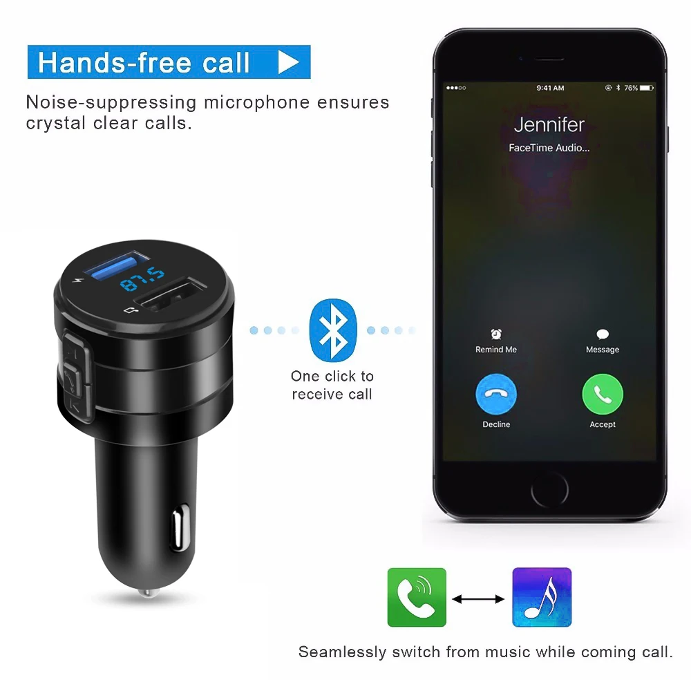 

Bluetooth FM Transmitter Car Wireless Bluetooth FM Radio Adapter Music Player Car Kit with Hands-Free Calling and 2 USB Ports