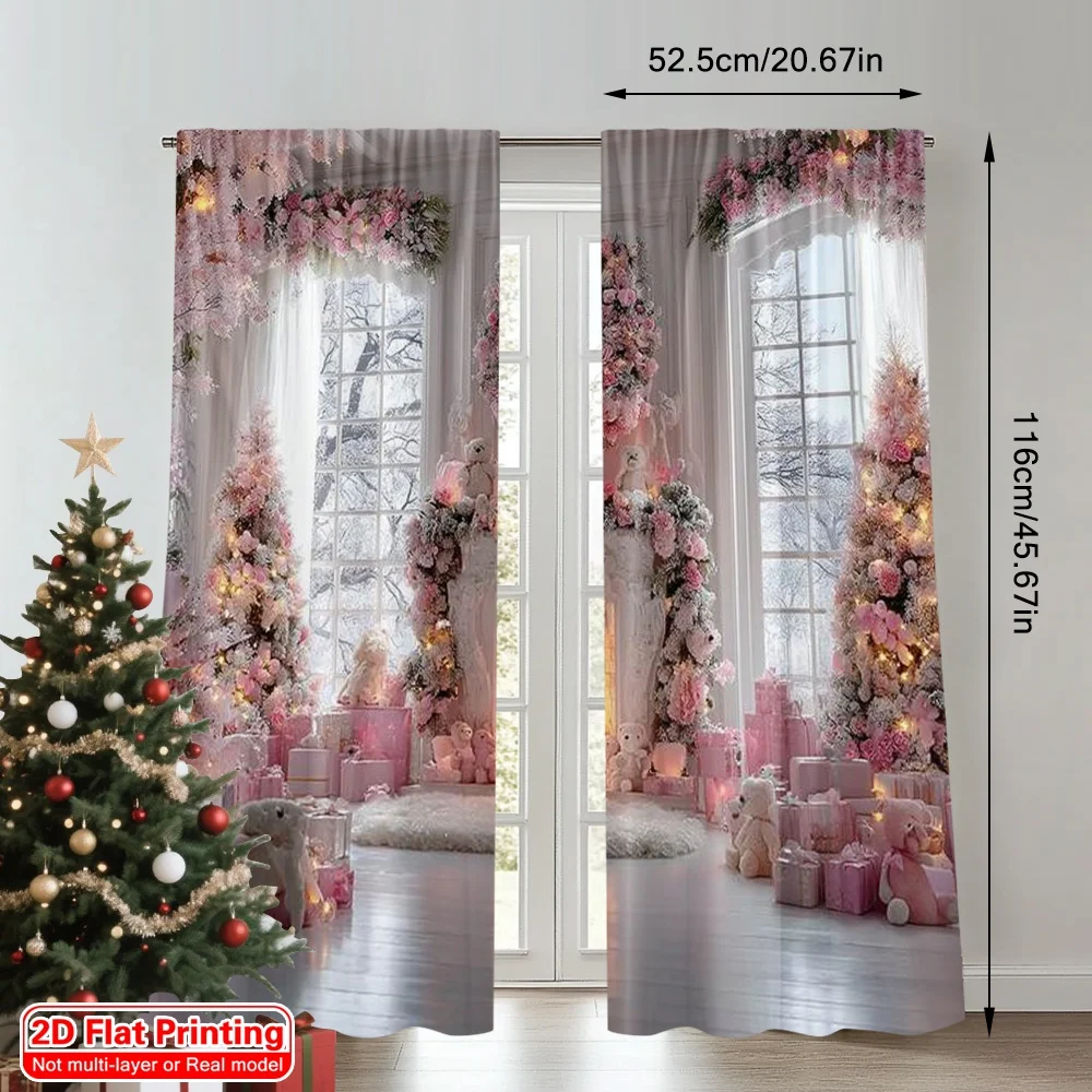 2pcs 2D flat printing Merry Christmas Curtains Pink fireplace Versatile 100% Polyester Without Electricity Spring Party &