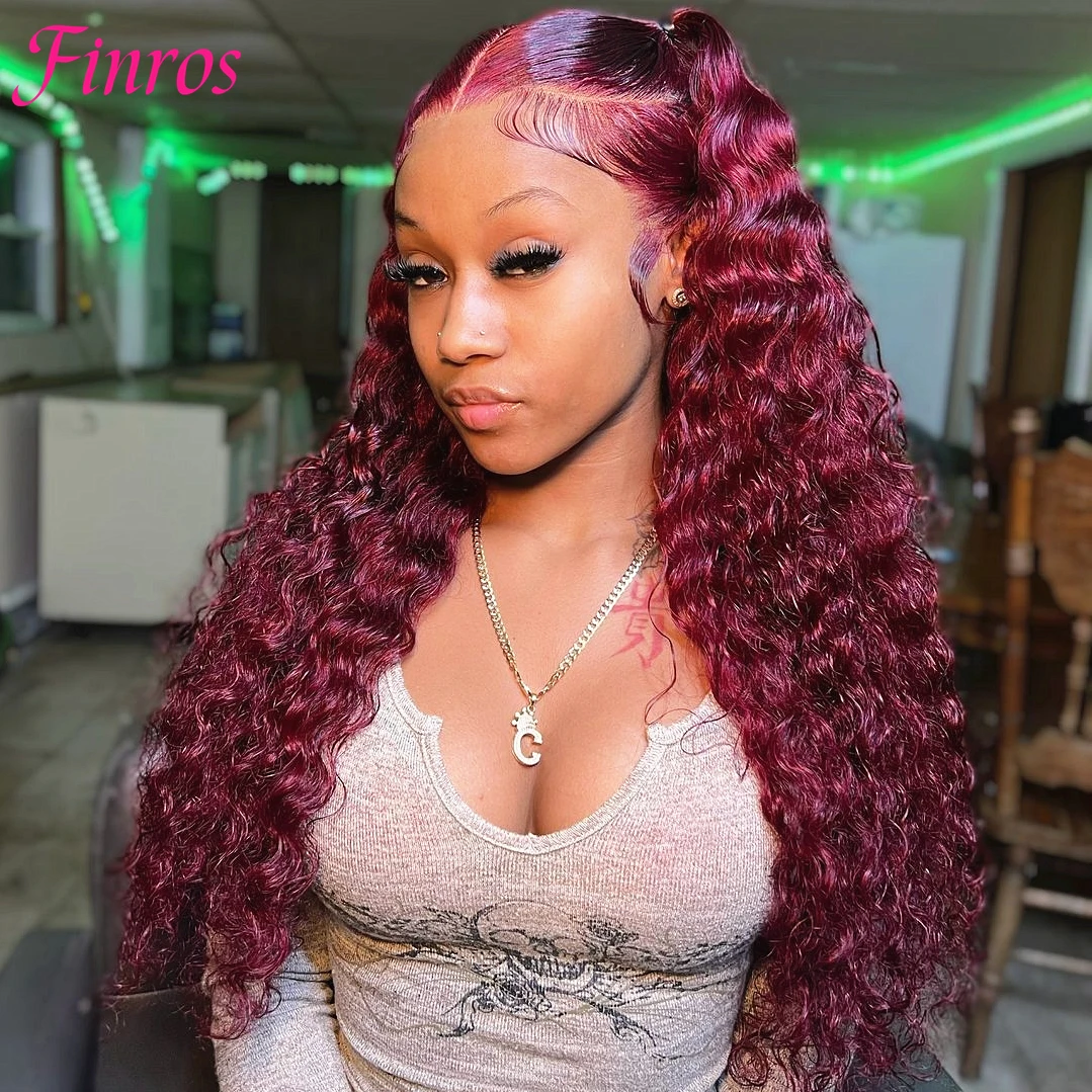 

Finros Deep Wave 99J Burgundy 13x6 HD Lace Frontal Wig Human Hair 30 Inch 13x4 Water Wave Lace Front Wigs Red Wine Curly Wigs