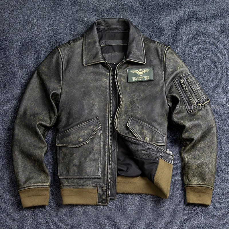 Bomber 45P Genuine Leather Jacket.Vintage Plus Size Real Cowhide Coat.Mens Classic Oversize Leather Cloth