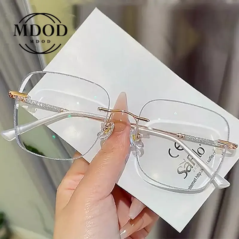 New Myopia Glasses Anti Blue Light Glasses Women Minus Glitter Diamond Frame Rimless Optical Glasses Fashion Eye Glasses