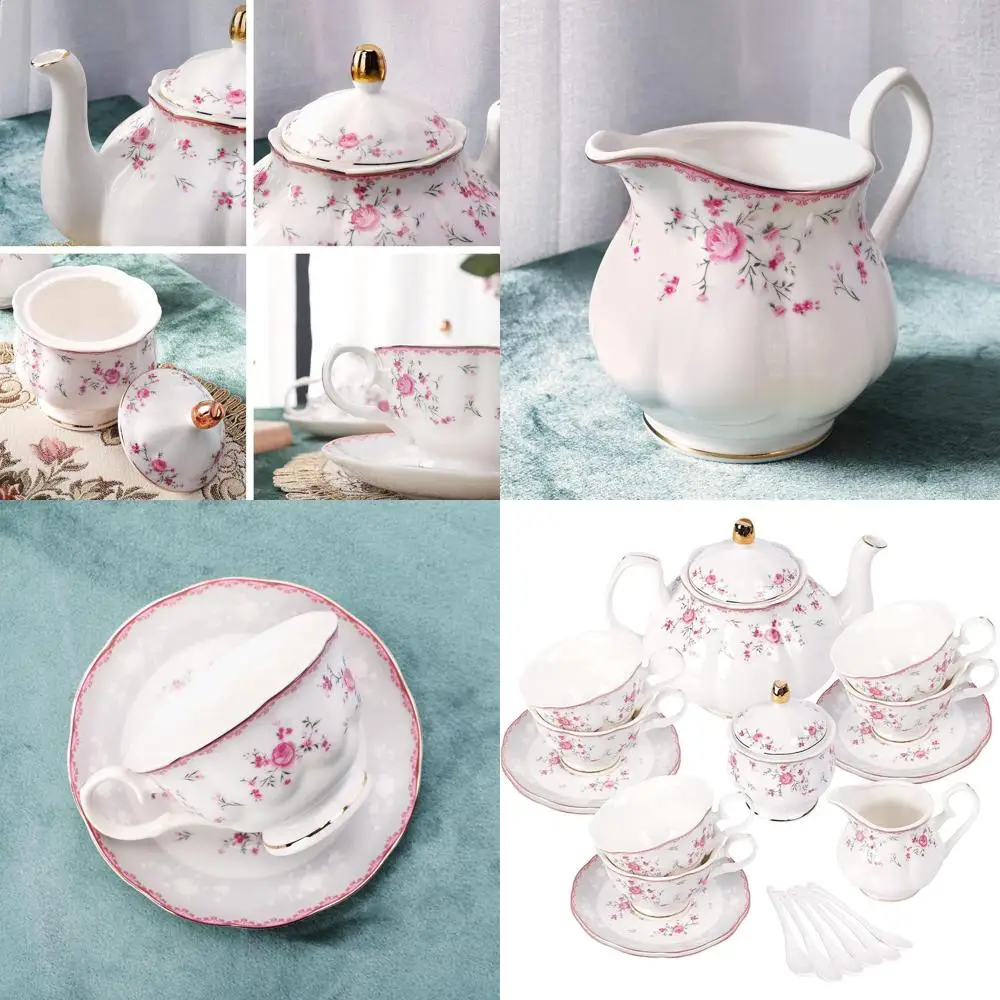 

Elegant Vintage Porcelain Teaware Set, 6-Piece with Pink Rose Pattern, Ideal for Women's Tea Gatherings and Weddings