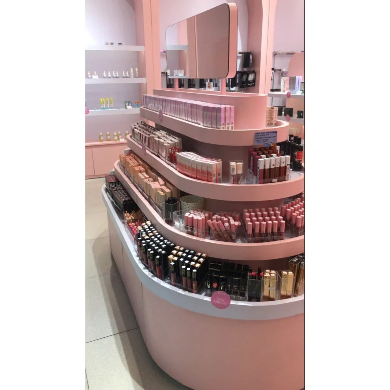 custom.Modern Trendy Custom Wooden Cosmetic Store Furniture Bespoke Pink Perfume Display Stand Makeup Shop Storage Shelf