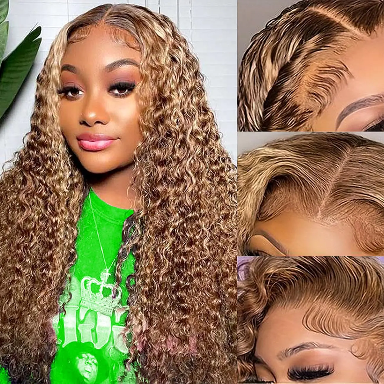 

Highlight 13x4 13x6 HD Transparent Lace Frontal Wigs Natural Brazilian hair Curly P4/27 Color Wigs PrePlucked For Women