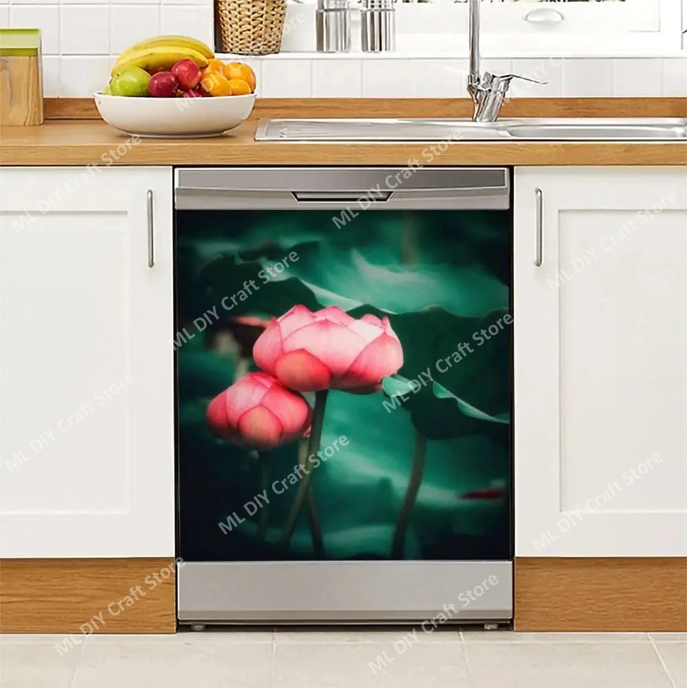 Lotus Flower Dishwasher Sticker Decor Door Cover,White and Gold Floral Picture Sticker Decal Refrigerator Magnets for Adults