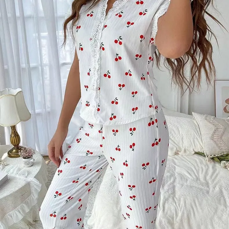 New 2 Piece Set Lace Shirts Short Sleeve V-Neck Top Summer Nightclothes Cherry Print Women Elegant Pajamas Long Pants Sleepwear