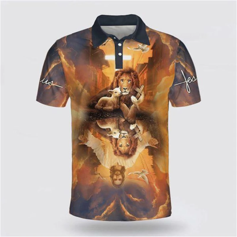 Cross T Shirts Men Religion Jesus 3D Printed Polo Shirt Vintage Short Sleeve Lapel Tee Shirt Summer Man Streetwear Oversized Top