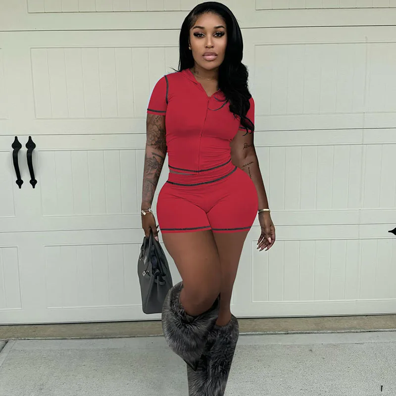 

Spring Summer Party Club Slim Fit Short Sets Women Two Piece Set Outfit Short Sleeve Hooded Front Zipper T-shirt Top and Shorts