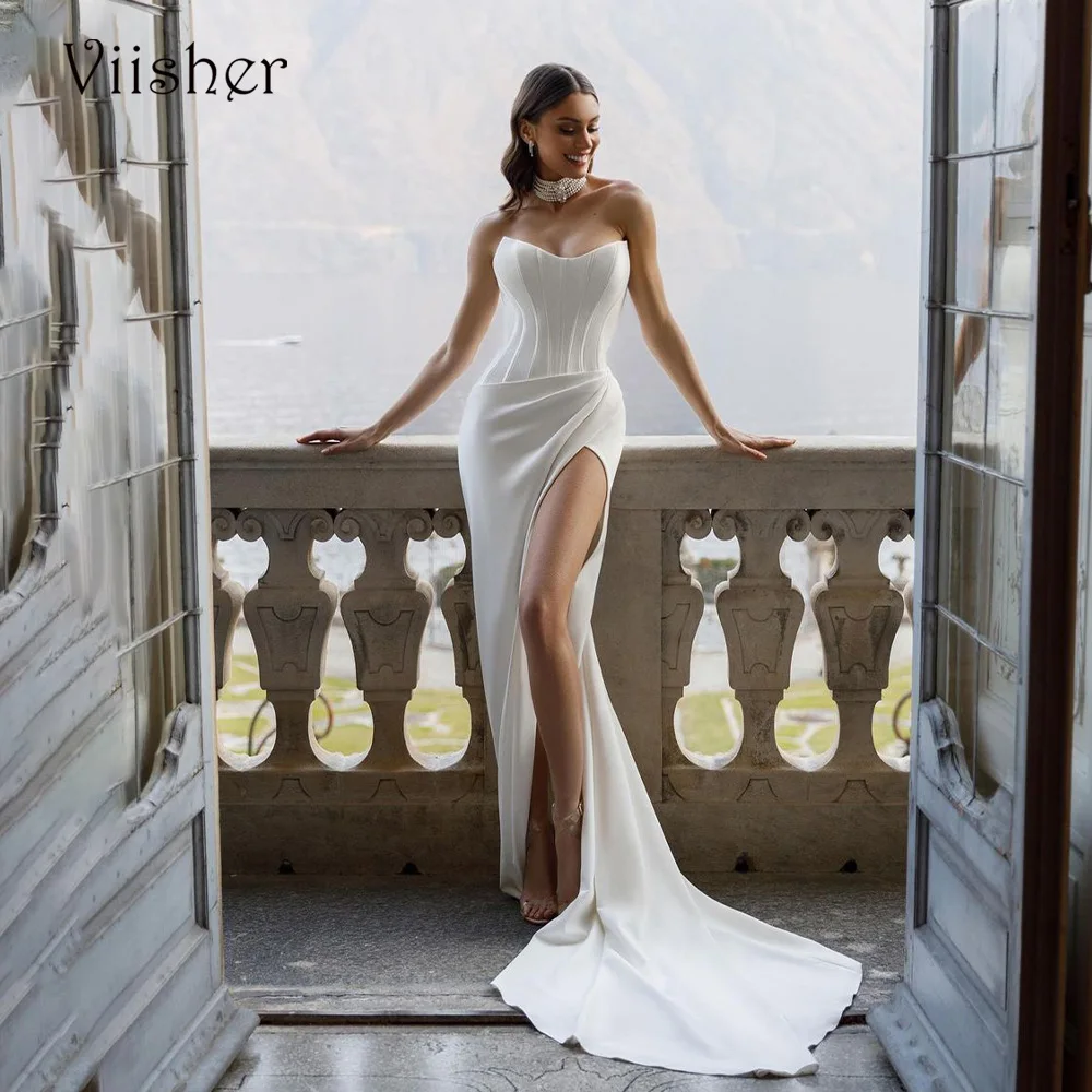 

Viisher Sexy Mermaid Boho Wedding Dresses Leg Split Sweetheart Beach Wedding Bridal Gowns Mono Satin Long Bride Dress Lace Up