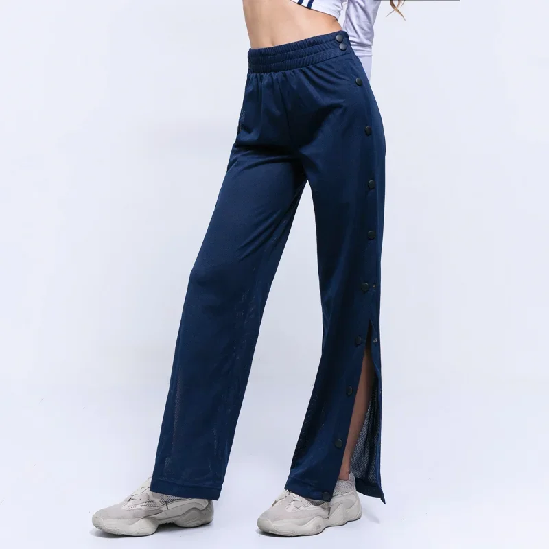 2023 Autumn New Mesh Button Splicing Beam Pants Feet New High Waist Casual Loose Long Trousers Side Slit Harem Pants Streetwear