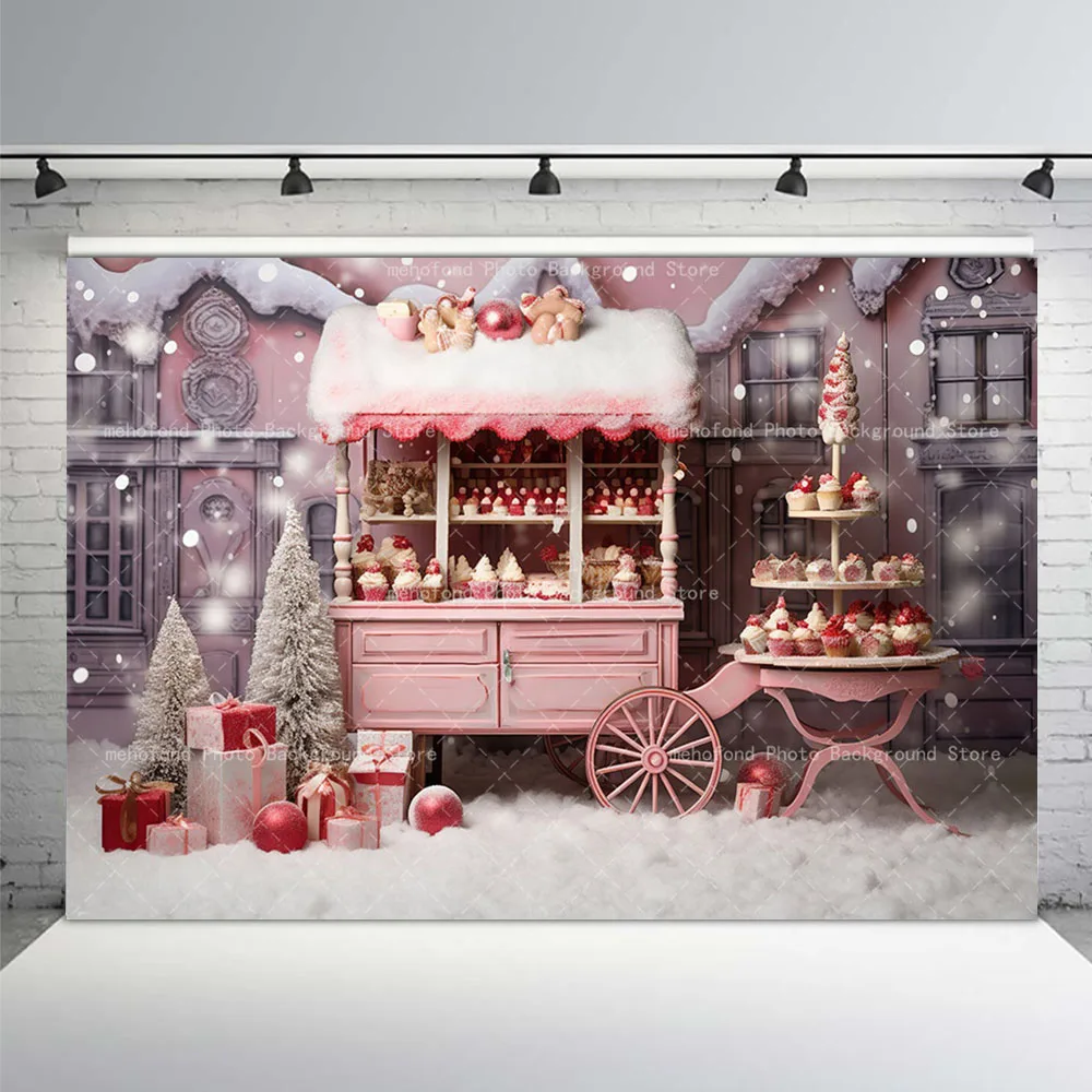Mehofond التصوير خلفية الشتاء هدية الكريسماس بالون أحمر كريم كعكة الوردي الجدول الاطفال الأسرة صورة خلفية ديكور
