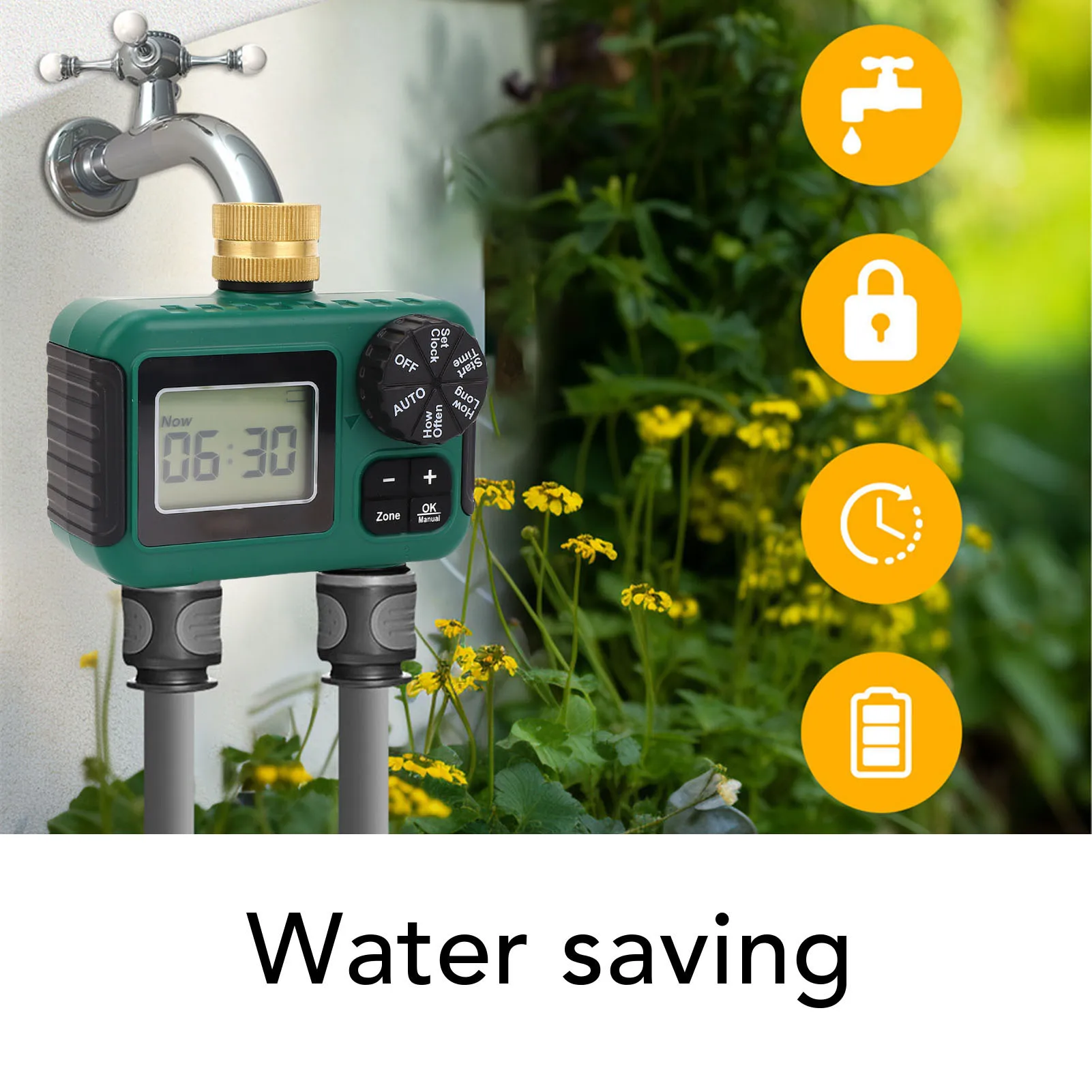 

2 Outlet Irrigation Timer 2 Outlet Sprinkler Timer Brass Inlet NH3/4 Thread IPX5 Water Proof LCD Display Hose Timer Water Timer