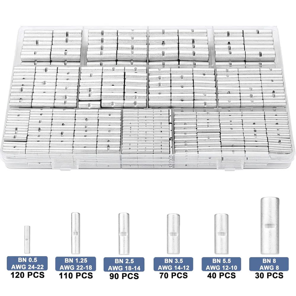 

460PCS Non Insulated Butt Connectors Kit 24-8 Gauge Uninsulated Tinned Red Copper Butt Splice Connectors Crimp Terminals