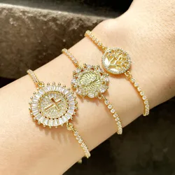 FLOLA Gold Plated Round Cross Virgin Mary Bracelets Women Stone Tree Of Life Bolo Bracelet Bangle CZ Wholesale Jewelry brtd12