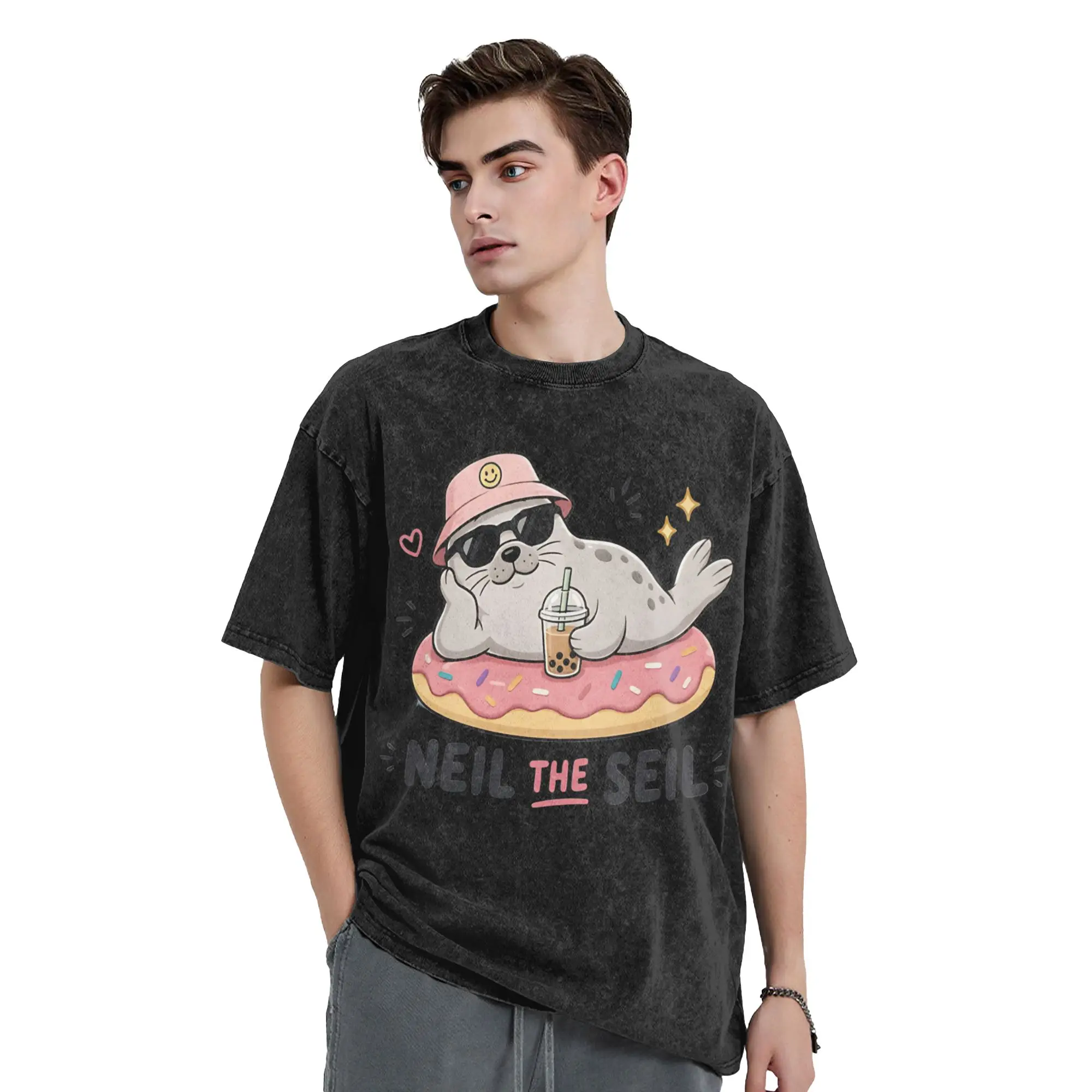Neil The Seil Donut Float and Bubble Tea Seal T Shirts Washed Cotton Street T-Shirt  Vintage Tops Streetwear Summer Tops Tees