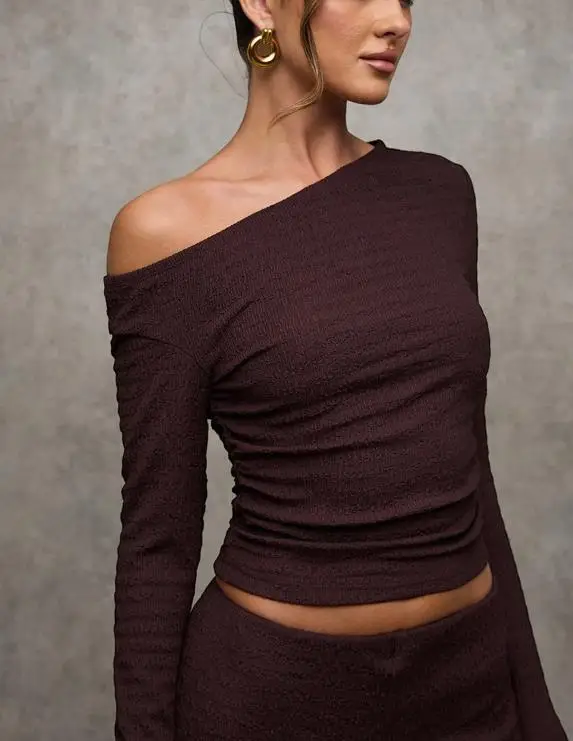 Conjunto de duas peças roupa feminina 2025 primavera outono nova cor sólida gola inclinada magro manga comprida camiseta & calças perna reta conjunto
