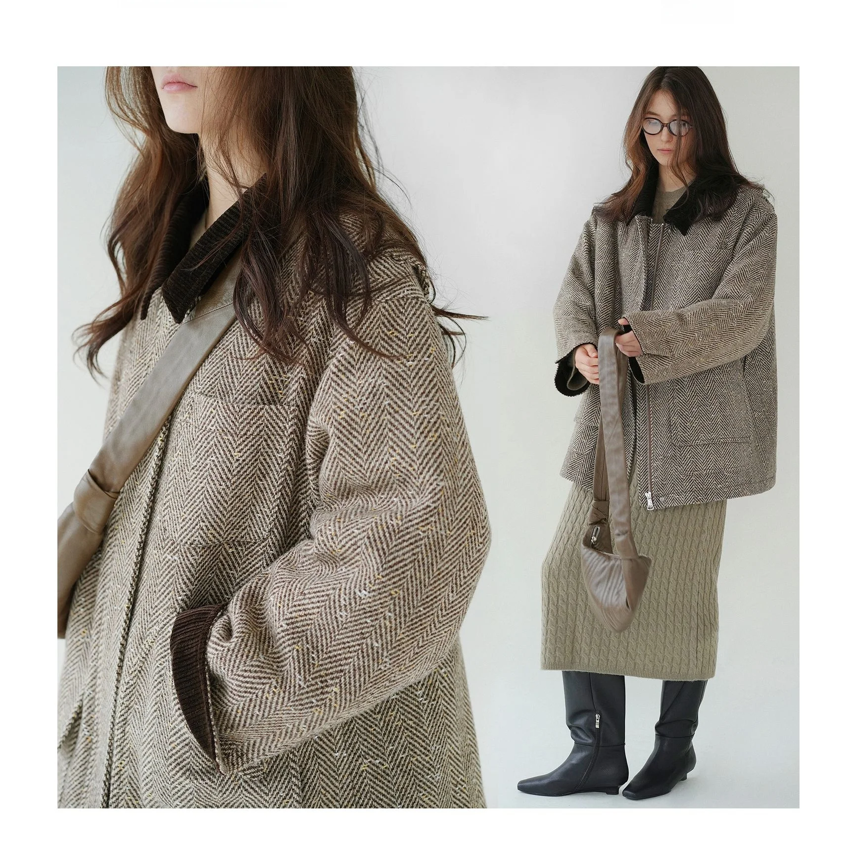 

AZHU 2024 New Woolen Tweed down Jaet Outerwear Small Fraance Sle Women's Faion Winter Coat White Du down Filling