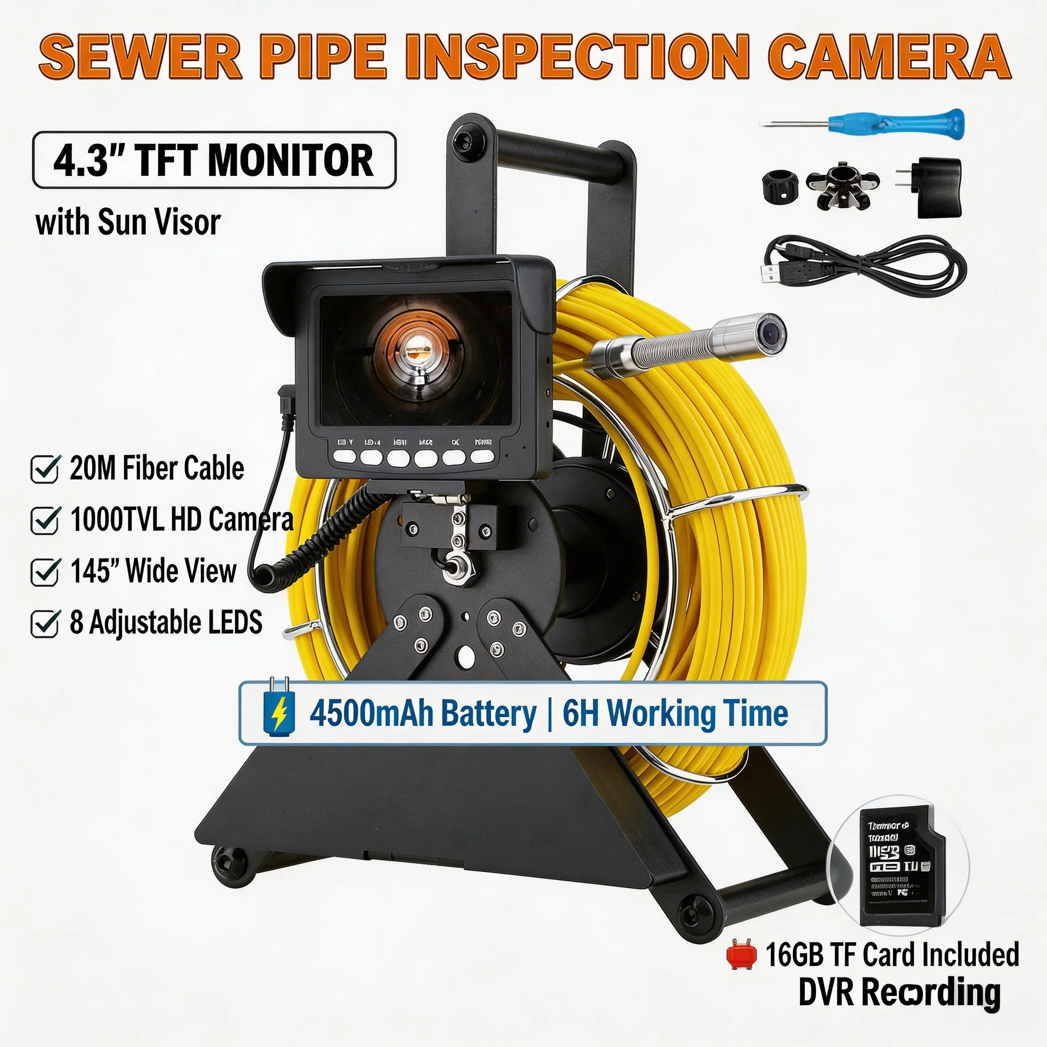 

4.3" Sewer Camera 20M 17mm 1000TVL HD Pipe Inspection Camera 4500mAh DVR 16G Card 8 LED Industrial Endoscope for Plumber Drain