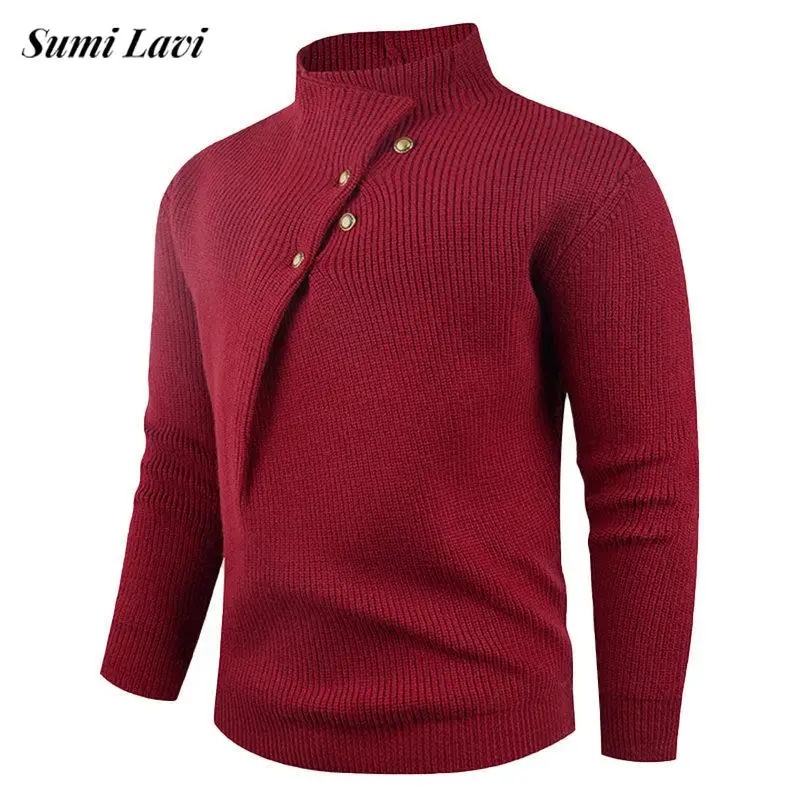 

Винтажные мужские свитера на пуговицах нестандартной формы, осень-зима, повседневные вязаные джемперы с воротником-стойкой, стильный мужской тонкий вязаный свитер