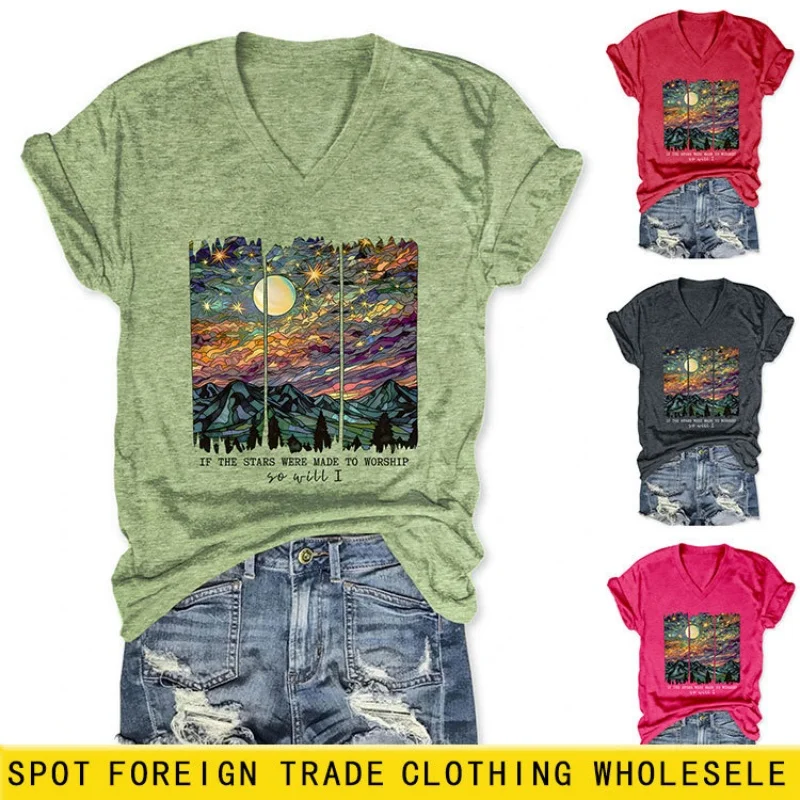 

Summer V-neck short-sleeved T-shirt for women - stylish and creative print, loose-fitting top garment