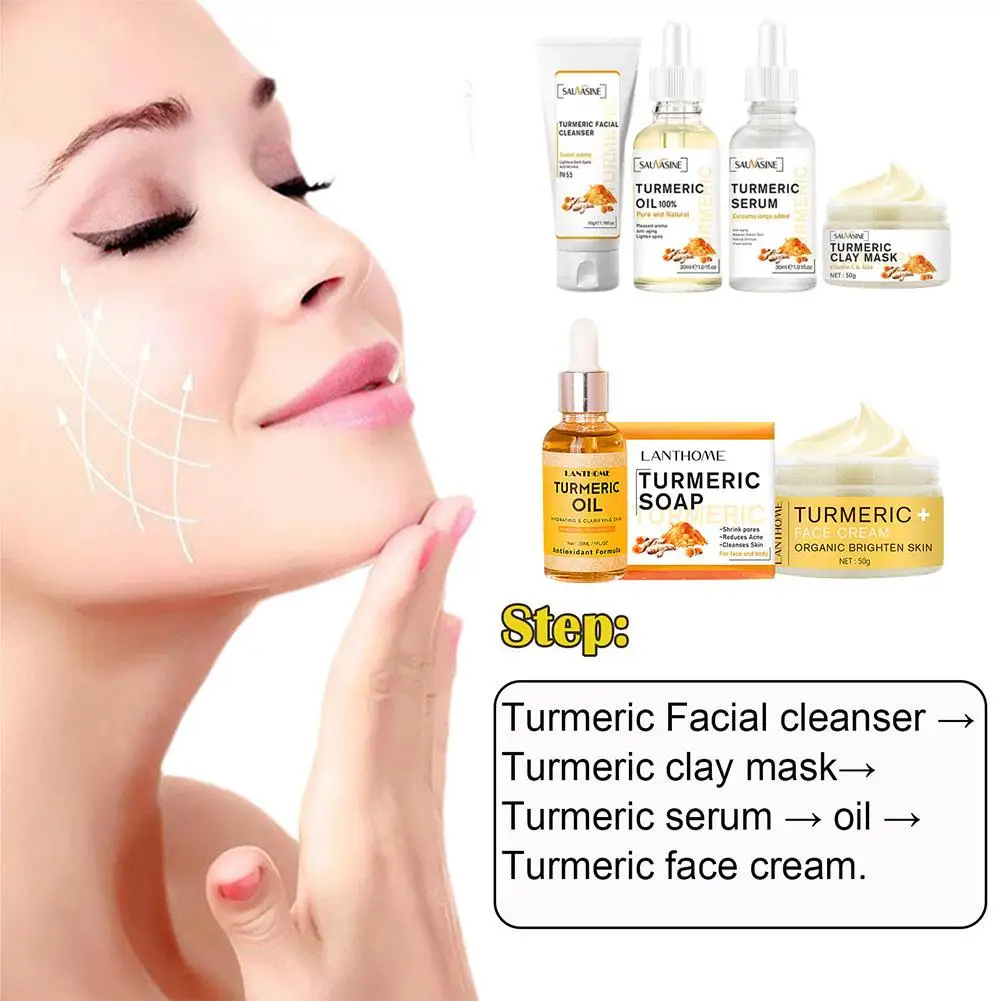 Ensemble de soins pour le visage au curcuma, crème nettoyante pour l'acné, dissolvant sombre, éclaircir les taches, anti-âge, blanchissant, sérum hydratant, Z1p6