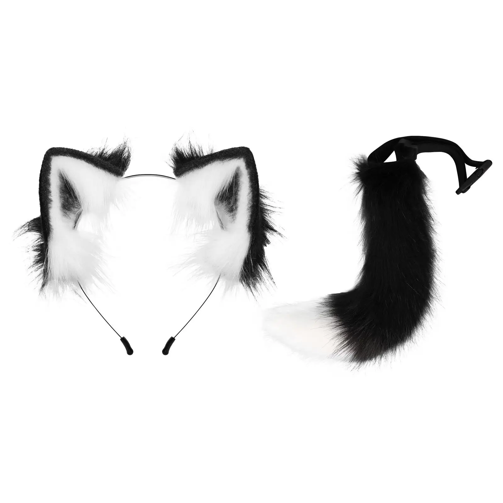 Polyester Cosplay Animal Ears Headband with Long Plush Tail Fancy Dress Set for Halloween Party