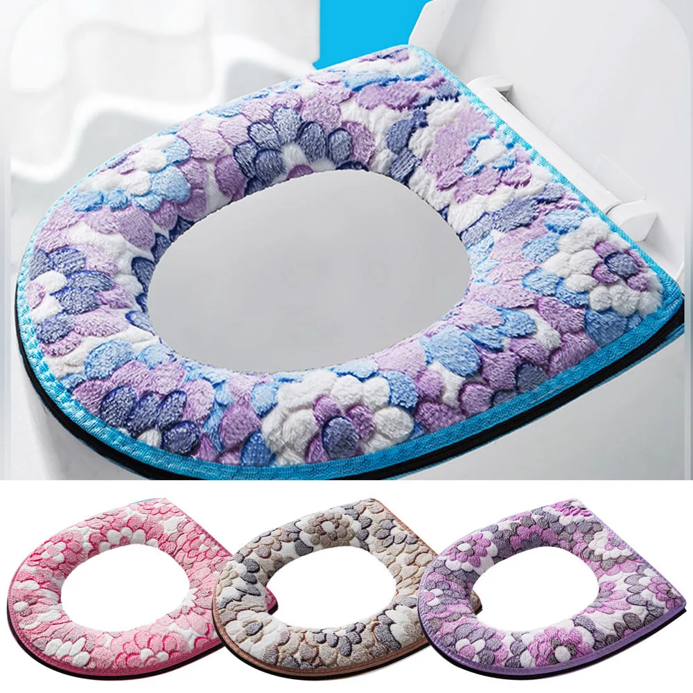 Winter Warm Flower Toilet Cover Seat Lid Top Cover Pad Bathroom Warmer Toilet Seat Bowl Soft Zipper Washable Toilet Seat Covers