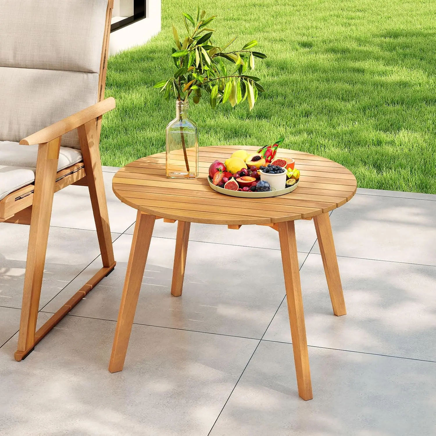 Outdoor Side Table, 24.5 Inch Acacia Wood Round Accent Bistro Patio Table with Slatted Tabletop, for Backyard,, Customized