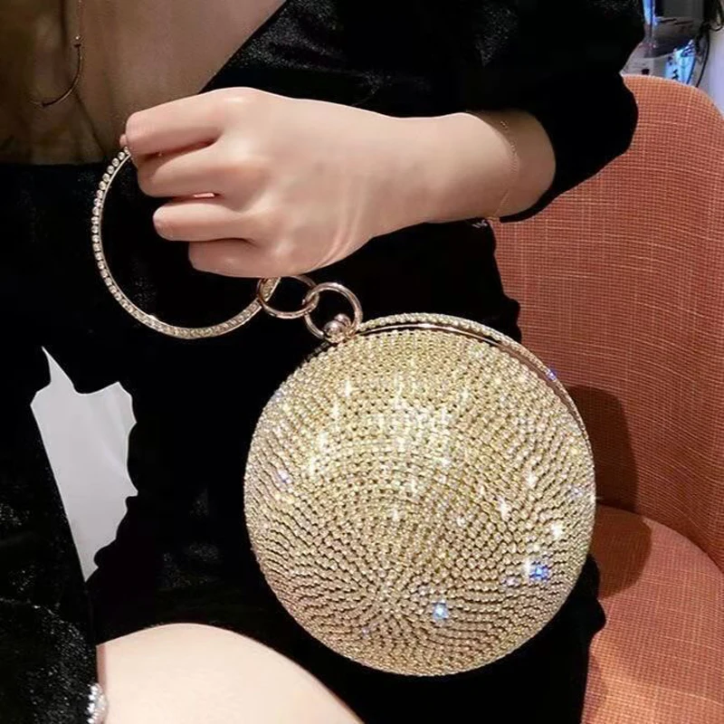 Rhinestones Women Evening Bags Ball Shaped Clutch Purse Diamonds Shoulder Chain Handbags Wedding Dinner Purse