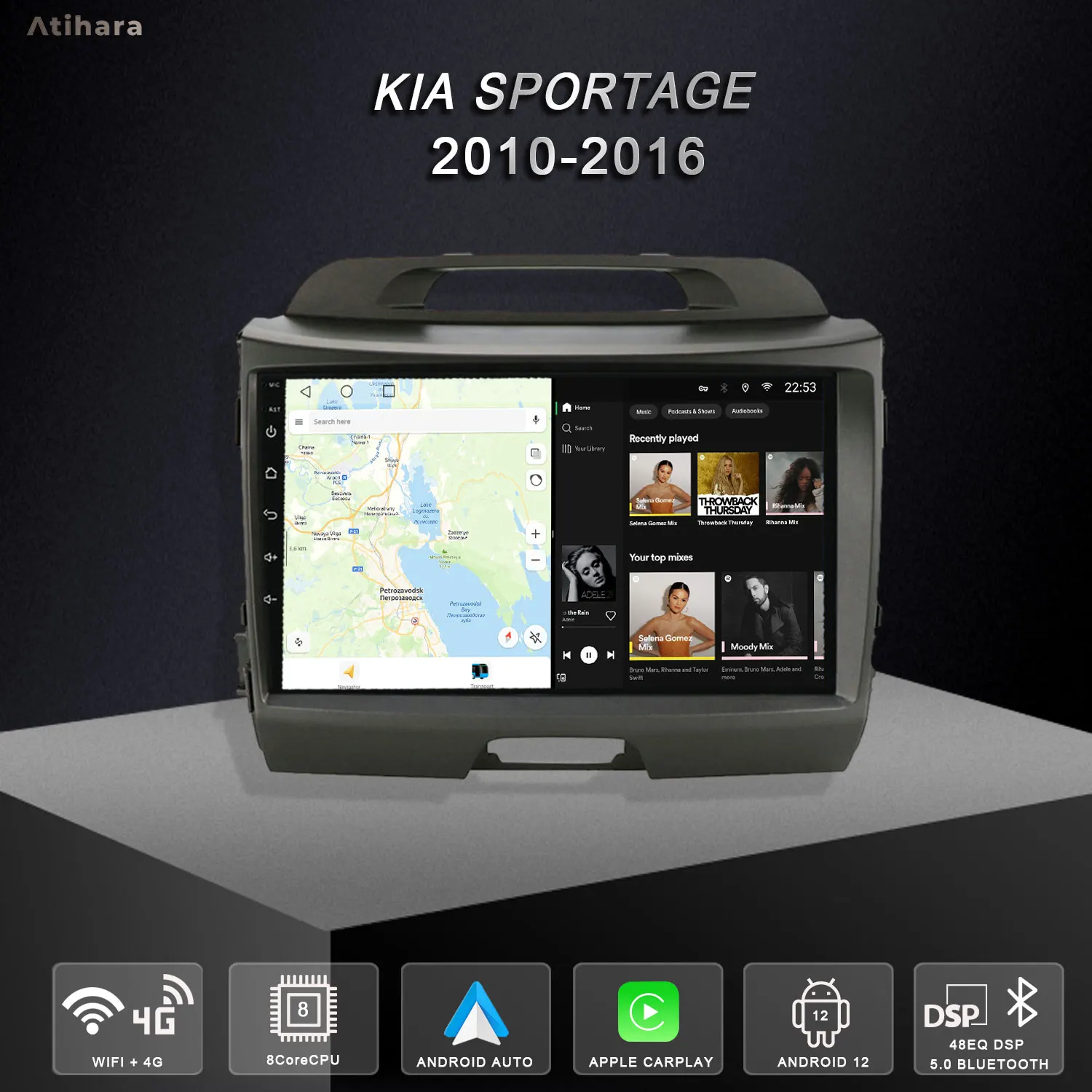 

Atihara 9" Android Car Radio For KIA Sportage 2010-2016 Carplay Android Auto, 2Din Multimedia Video Player 4G Wifi Bluetooth DSP