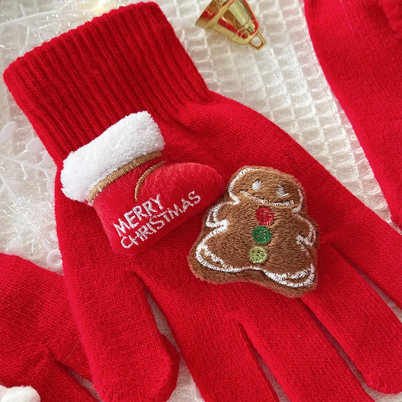 

1 Pairs Ladies' Gloves Christmas Wear Cartoon Kawaii Red Winter Thickened Warm Comfortable Five Finger Cotton Mittens For Girl