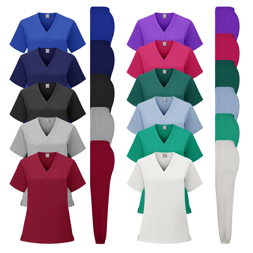 의료 유니폼 여성 작업복 스트레치 스크럽 세트 간호사 스크럽 간호사 액세서리 v 넥 반팔 스트레이트 맨 바지 세트
