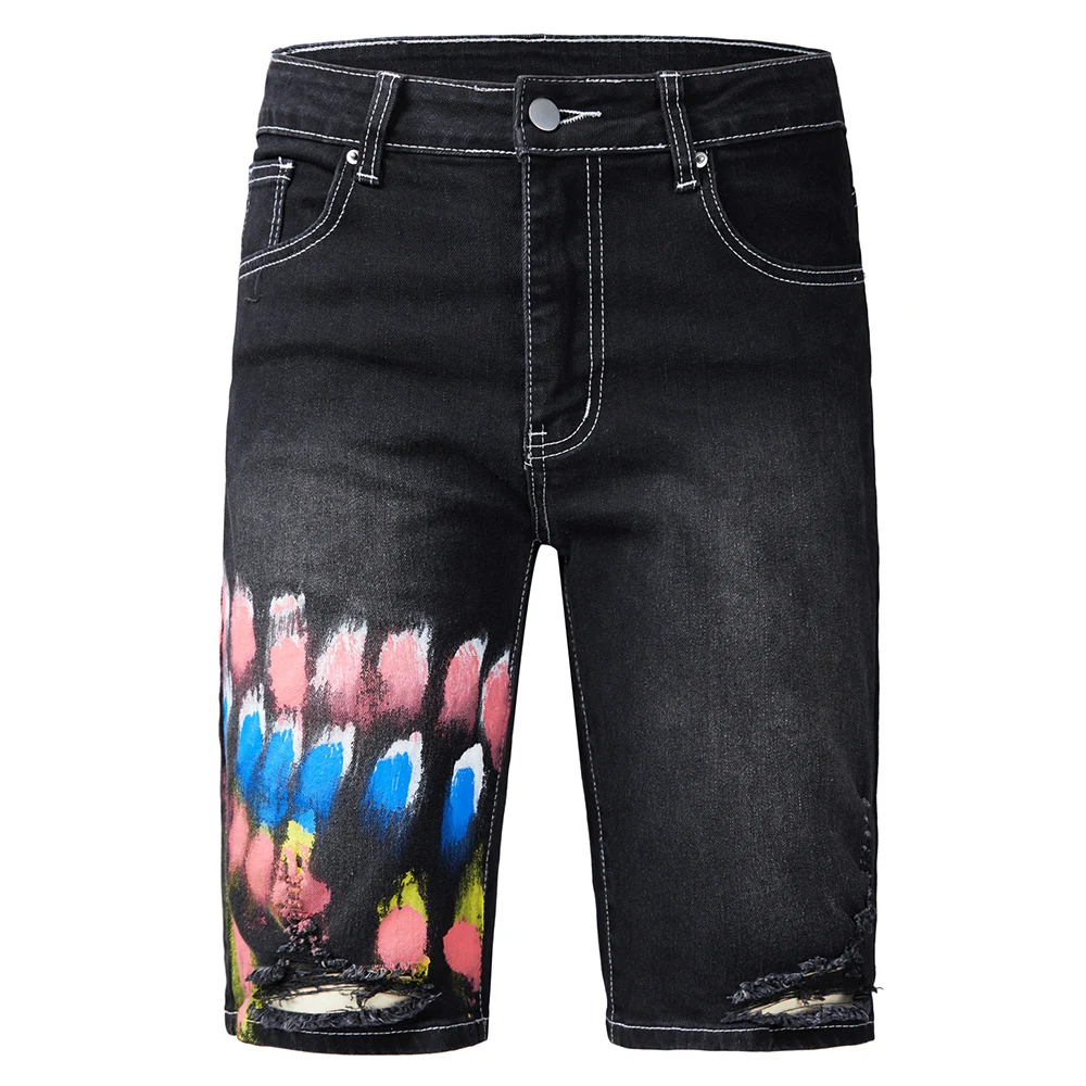 

Men's Painted Stretch Denim Shorts Summer Holes Ripped Black Jeans Casual Slim Straight Knee Length Breeches