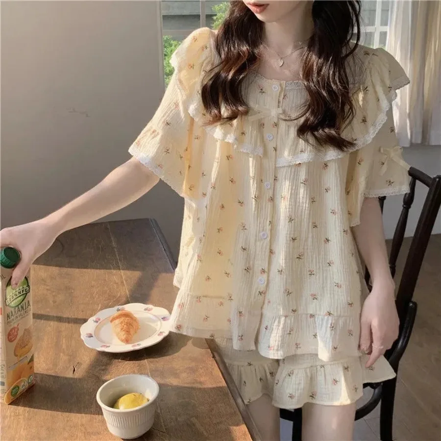 Summer New Women's Princess Style Sweet Pajamas Homewear Set Girls Lace Small Floral Summer Short-Sleeved Shorts Loose Pajamas