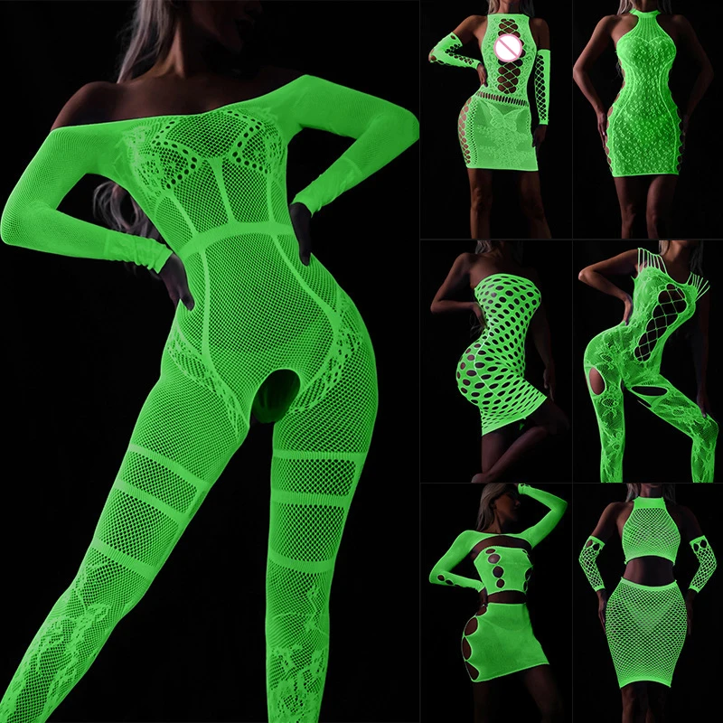 Luminous Sexy Bodysuit See Through Hollow Out Net Clothing Sexy Lingerie Mesh Sex Costumes For Mesh Dress Underwear Bondage