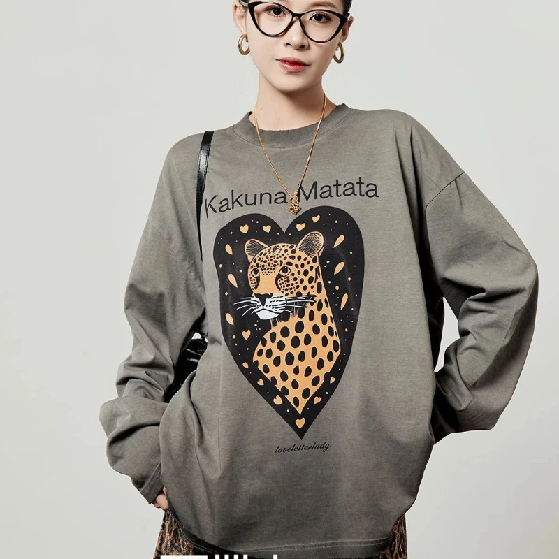 

Футболка с длинными рукавами, свободный новый стиль, корейский ретро-принт, универсальный топ с длинными рукавами