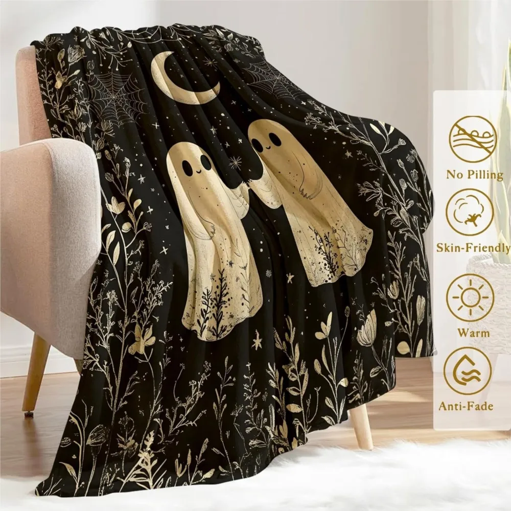 1PC Halloween Throw Blanket Cute Ghost Skeleton Bats Cats Crow Thin Blanket Gifts for Couch Bed Car Home Camping all season use