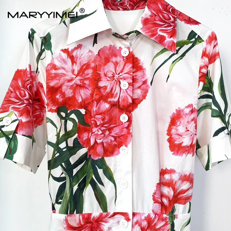 MARYYIMEI Summer Women\'s Turn-down Collar Cotton Playsuits Elastic Waist Slim Carnation Print Cotton Short Jumpsuit