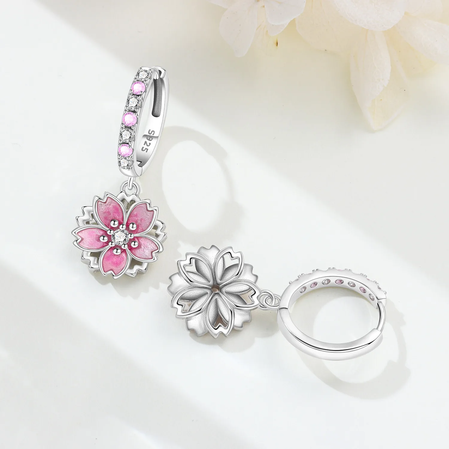 PANPOKI 925 Sterling Silver Pink Cherry Blossom Flower Earrings Original Jewelry Drop Earrings Jewelry Party Anniversary Gifts