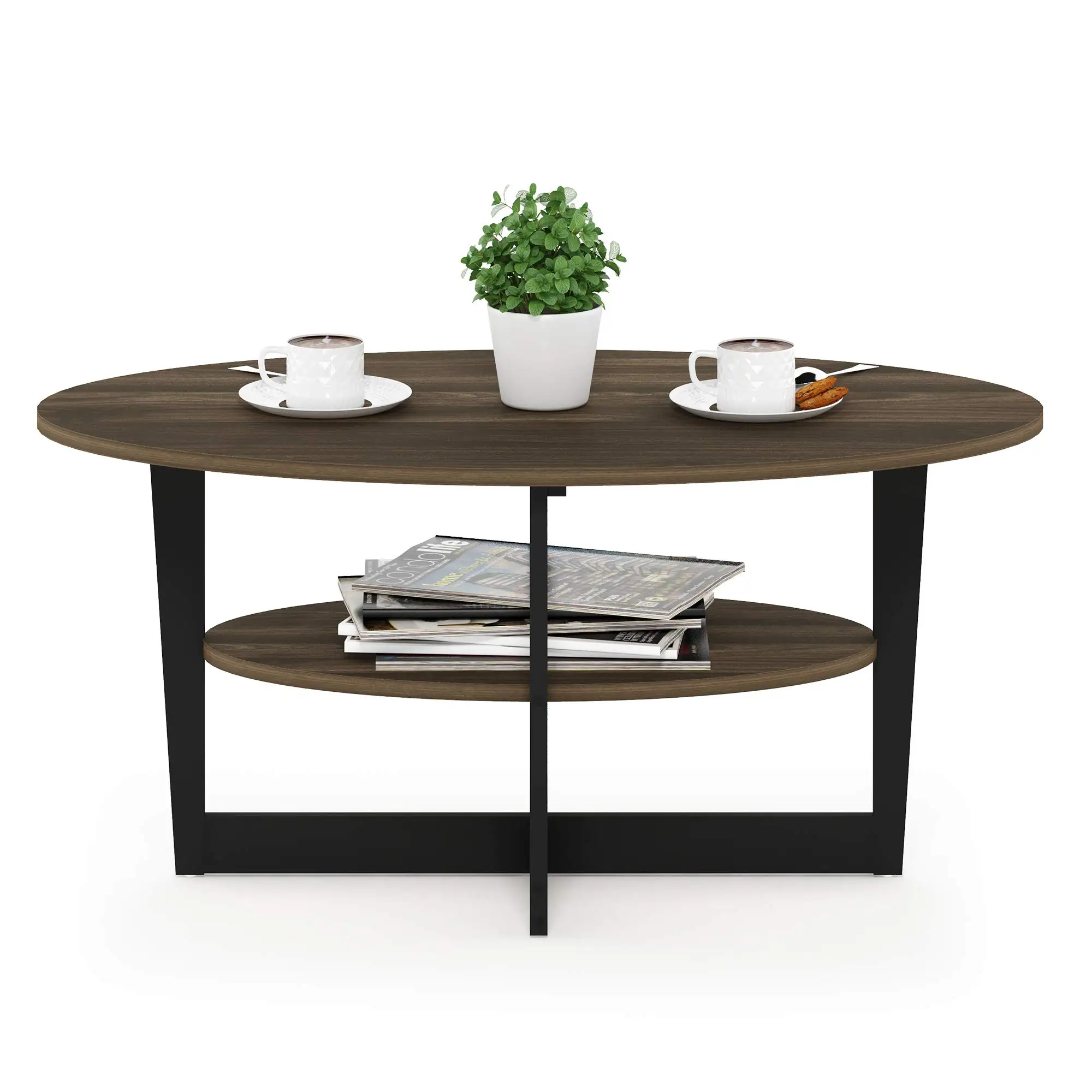 Mesa de café oval de madeira multicolorida, Mesa de estilo moderno, economiza espaço, na sala de estar