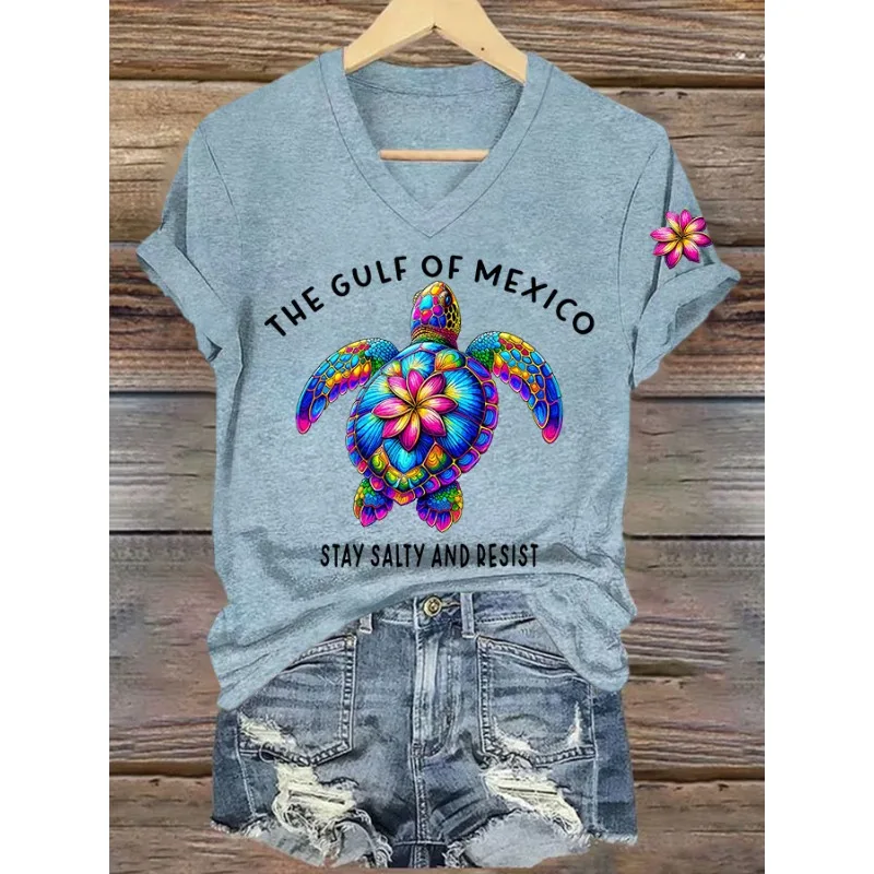 Ladies Short Sleeved T-Shirts Casual V Neck Summer Tops Gulf Of Mexico Day Printed T Shirt