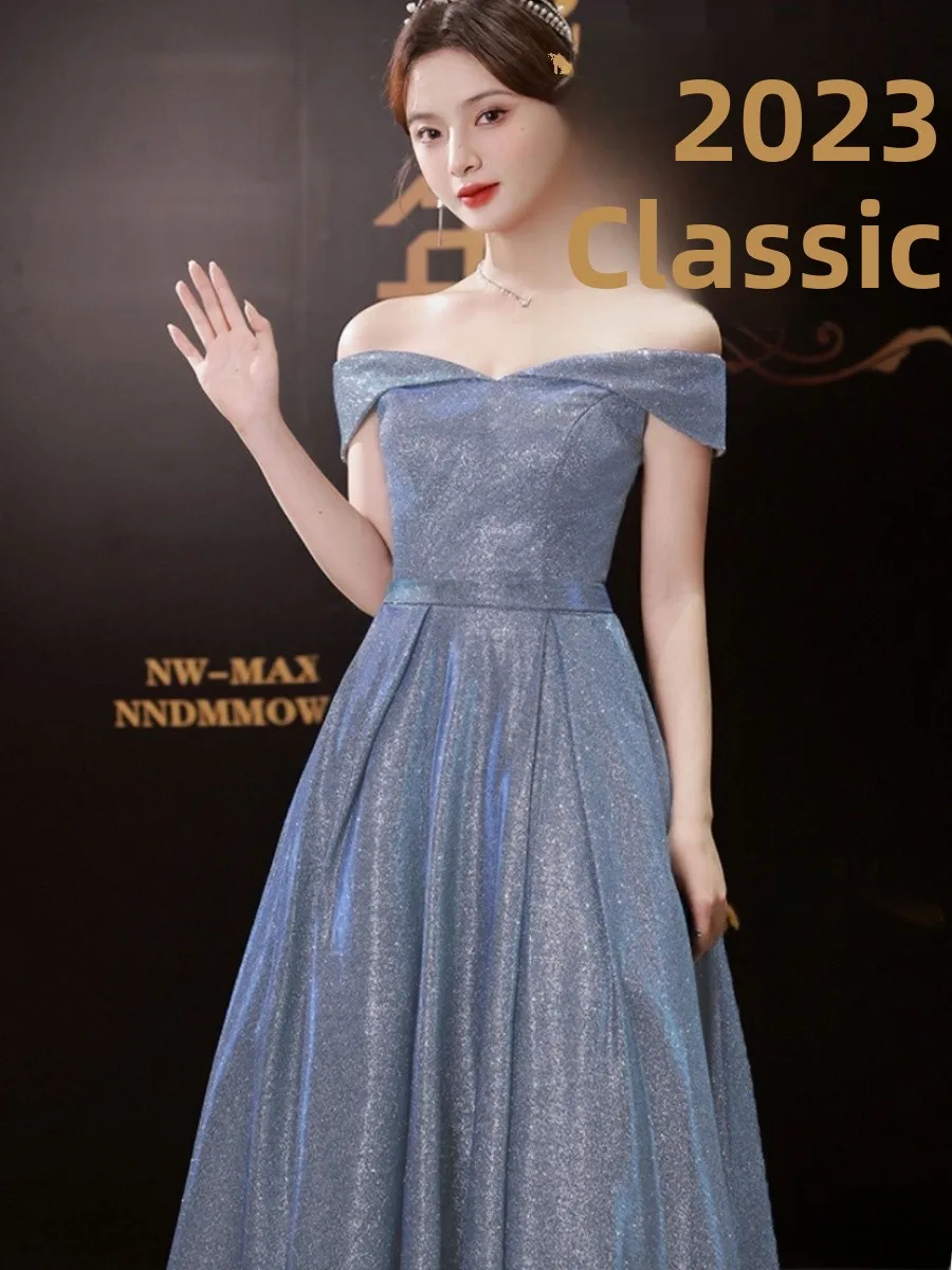 Shiny Evening Gown One Shoulder High-End Slimming Long Dress Elegant Polyester Fabric No Sleeve mid Waist A-Line Skirt