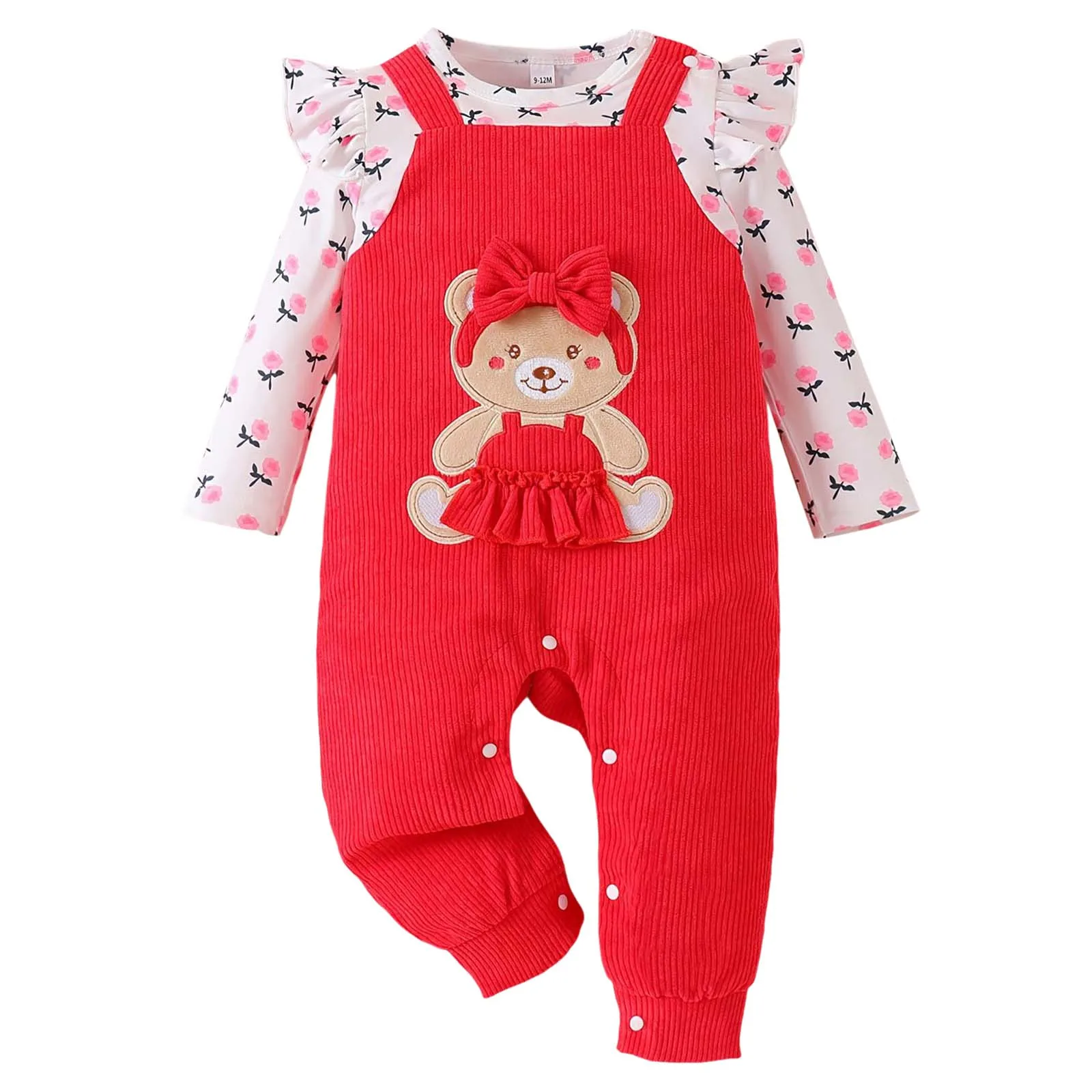 

Baby Boy Bodysuits Spring Fall Floral Print Baby Girl Romper With Bear Appliqué Embroidery Aerial Leotard Trendy Popular Clothes