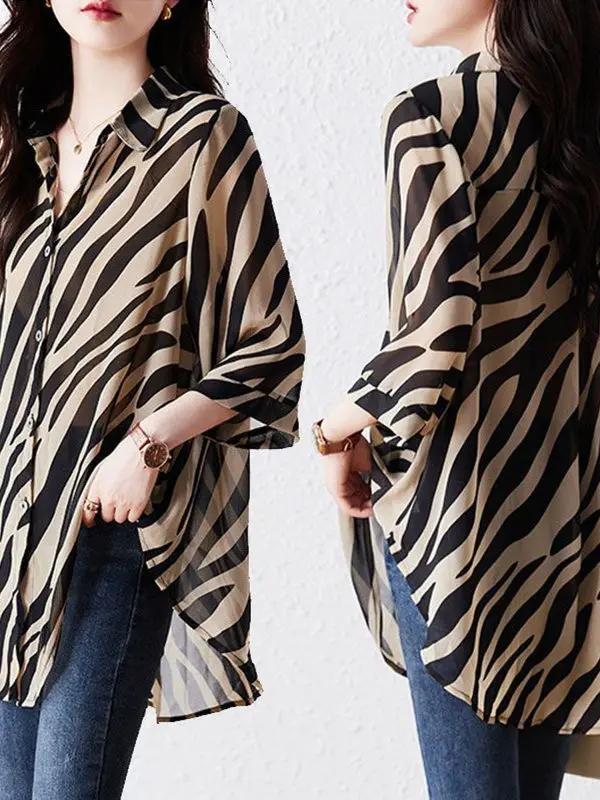 Camisa holgada a rayas con protección solar para mujer, camiseta informal con cuello y estampado de cebra de siete mangas, efecto adelgazante que cubre el vientre